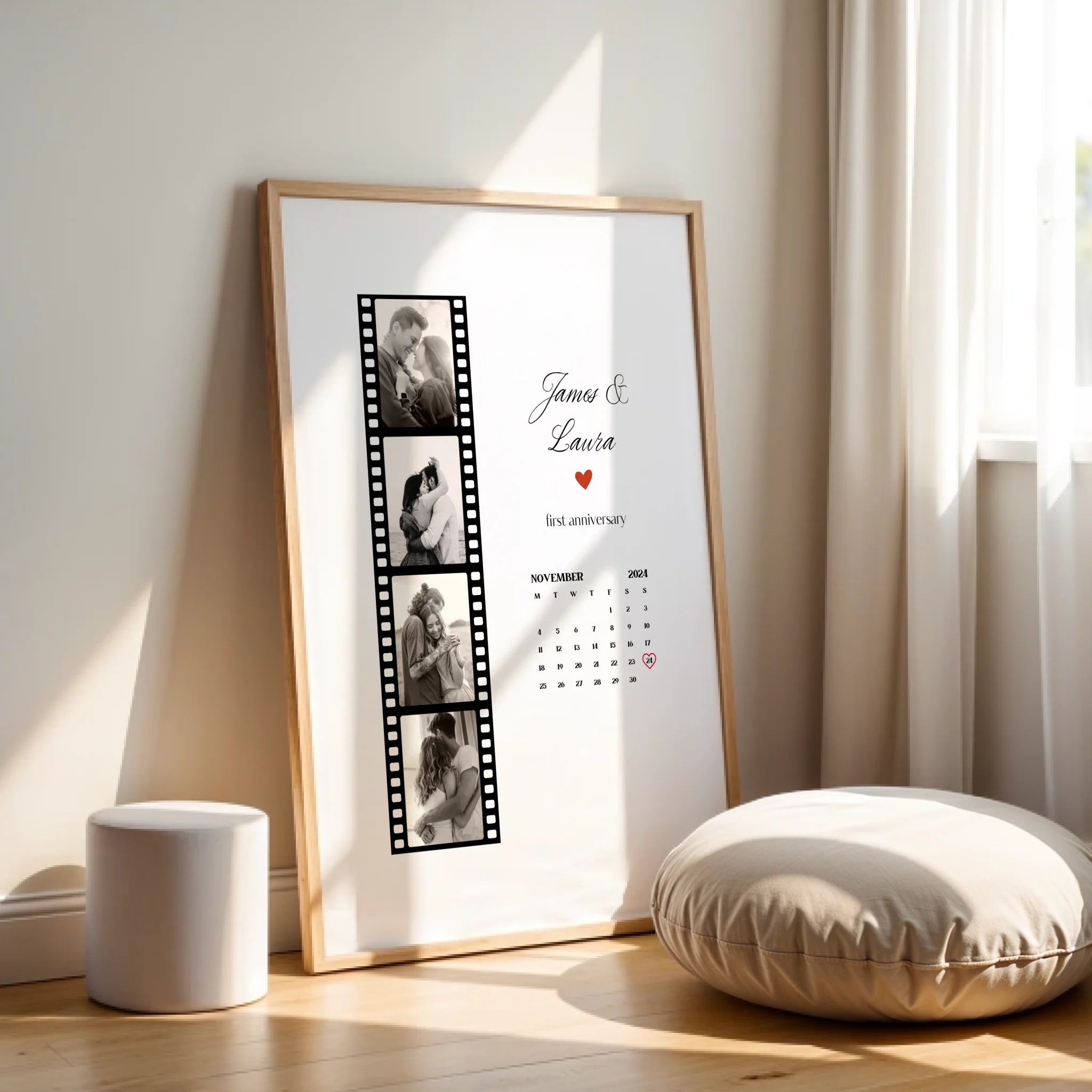 Personalised Anniversary Photo Strip with Calendar Date • Romantic Couple Gift • Any Year
