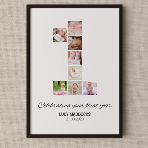 1st Birthday Photo Collage • Personalised Baby’s First Year Number One Print