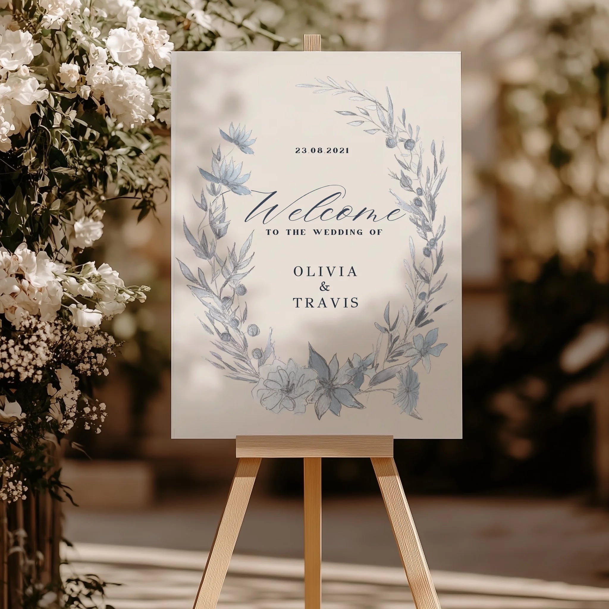 Blue Watercolour Floral Wedding Welcome Sign • Marriage Reception Decor  • Printed and Shipped