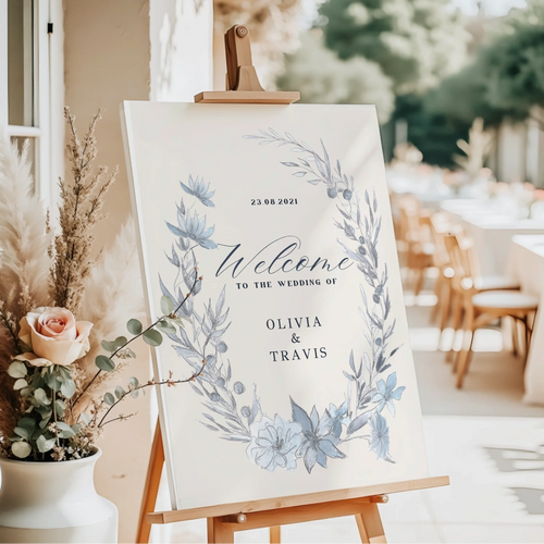 Blue Watercolour Floral Wedding Welcome Sign • Marriage Reception Decor  • Printed and Shipped