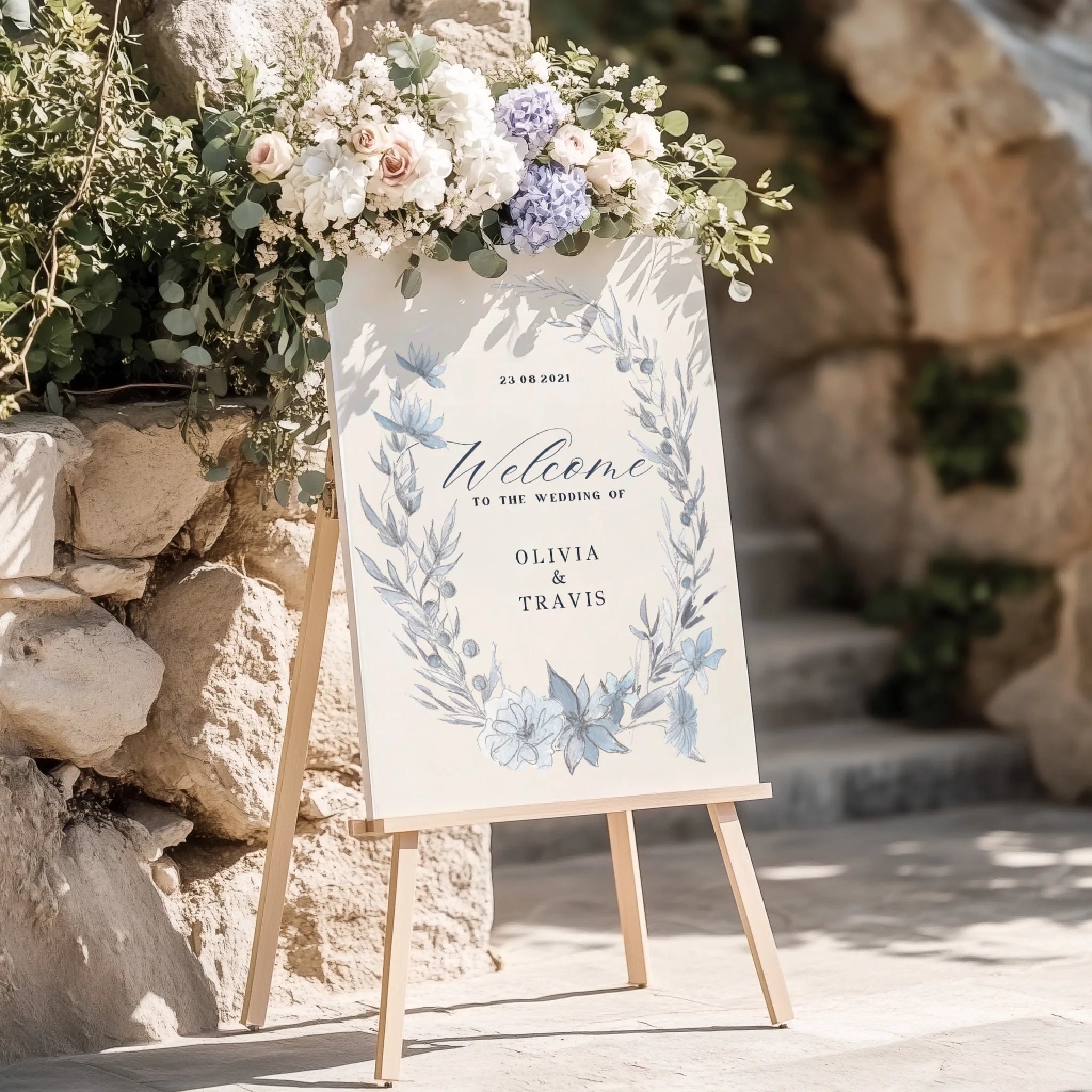 Blue Watercolour Floral Wedding Welcome Sign • Marriage Reception Decor  • Printed and Shipped