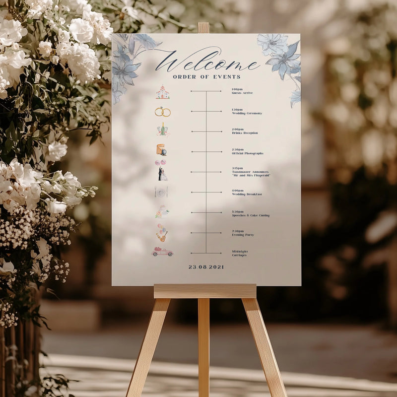 Blue Watercolour Floral Wedding Timeline Sign • Reception Order of Events • Printed and Shipped