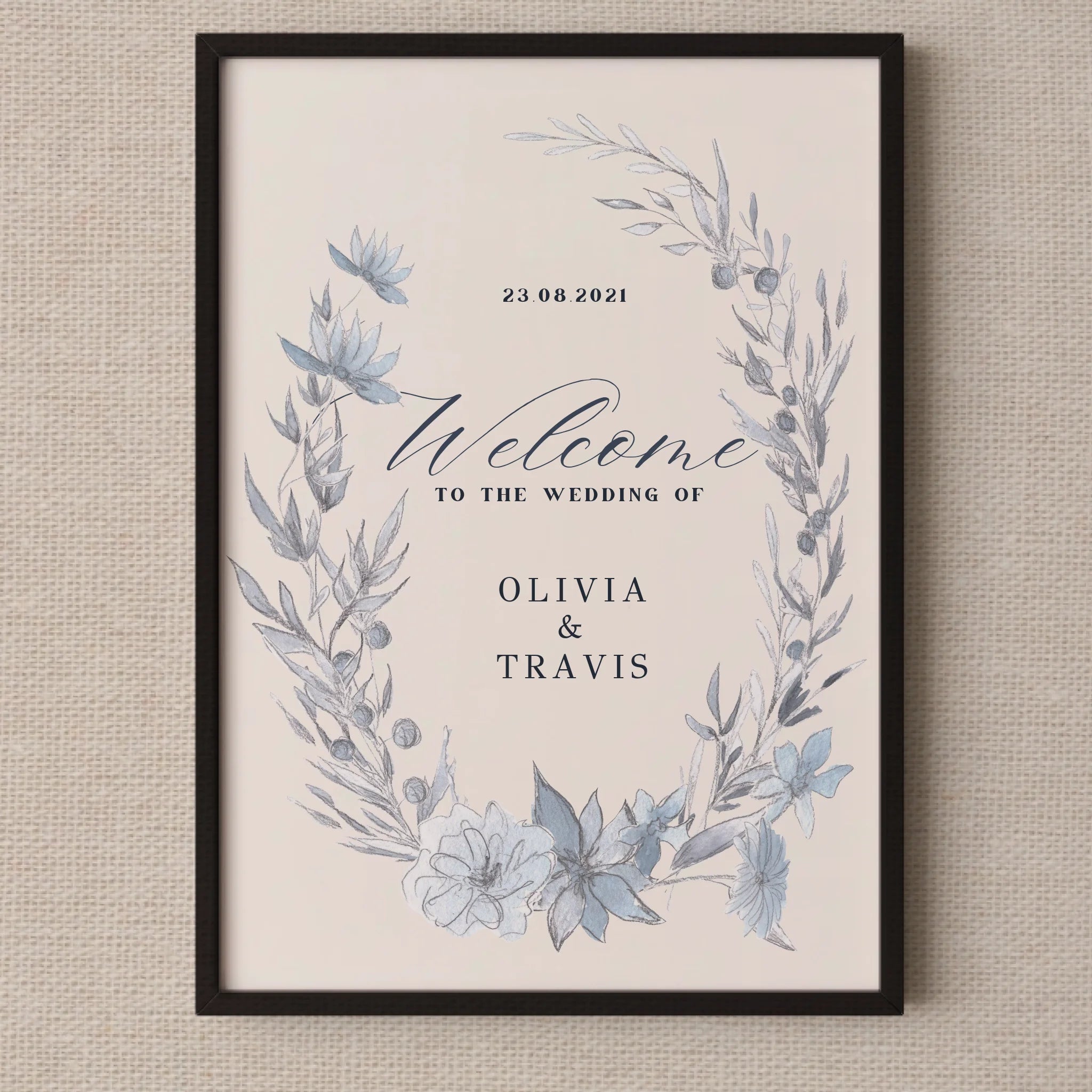 Blue Watercolour Floral Wedding Welcome Sign • Marriage Reception Decor  • Printed and Shipped