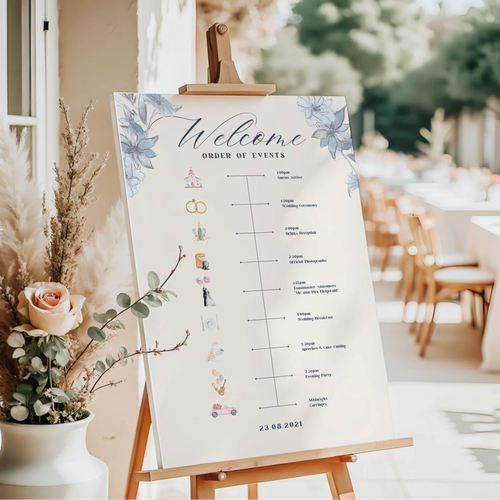 Blue Watercolour Floral Wedding Timeline Sign • Reception Order of Events • Printed and Shipped