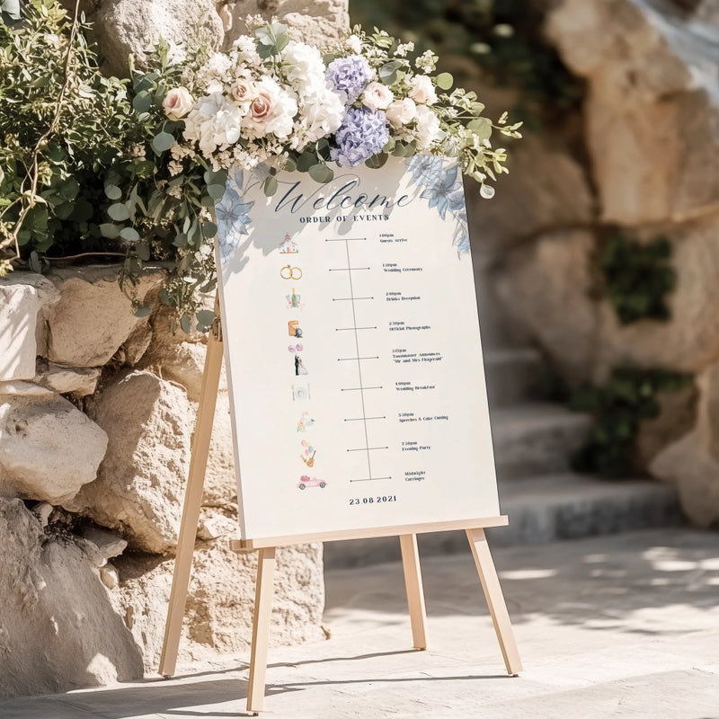 Blue Watercolour Floral Wedding Timeline Sign • Reception Order of Events • Printed and Shipped