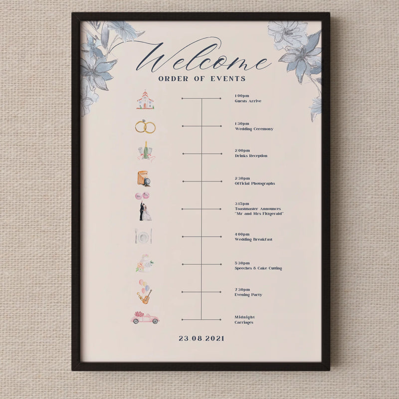 Blue Watercolour Floral Wedding Timeline Sign • Reception Order of Events • Printed and Shipped