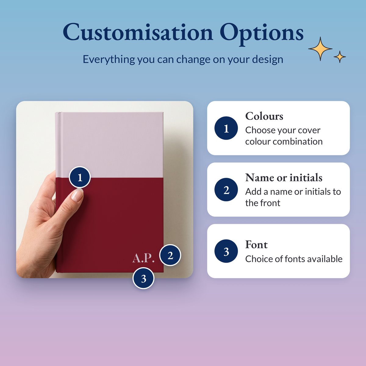 Two tone initials notebook with numbered markers: ten colour combinations, your initials and a choice of eight fonts