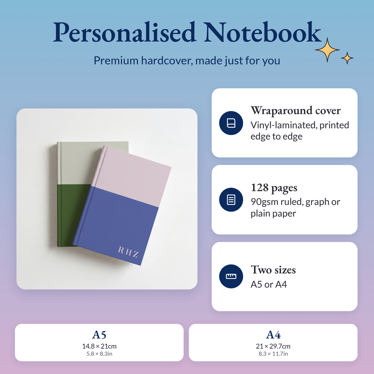 Personalised two tone initials notebooks with a wraparound hardcover, 128 pages of 90gsm paper, in A5 or A4