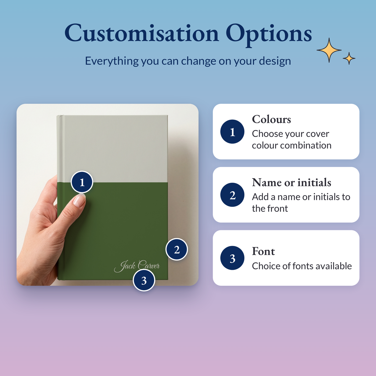 Two tone name notebook with numbered markers: ten colour combinations, the name and a choice of eight fonts