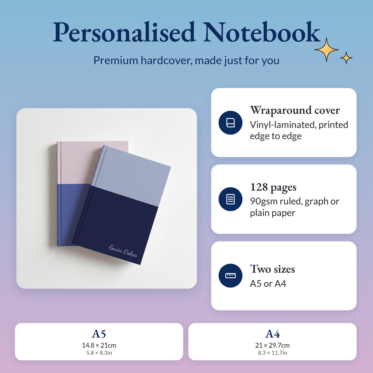 Personalised two tone name notebooks with a wraparound hardcover, 128 pages of 90gsm paper, in A5 or A4