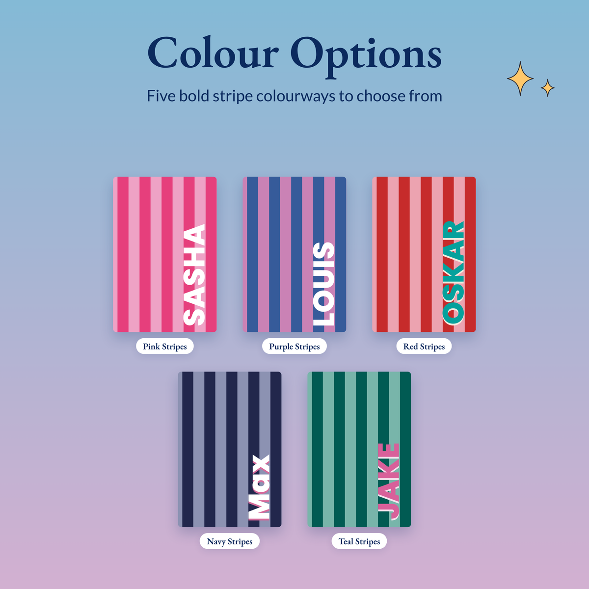 The striped name notebook in five colourways: pink, purple, red, navy and teal stripes