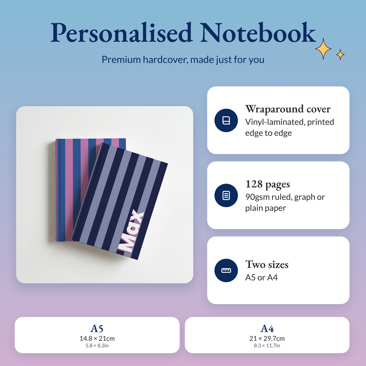 Personalised striped name notebooks with a wraparound hardcover, 128 pages of 90gsm paper, in A5 or A4