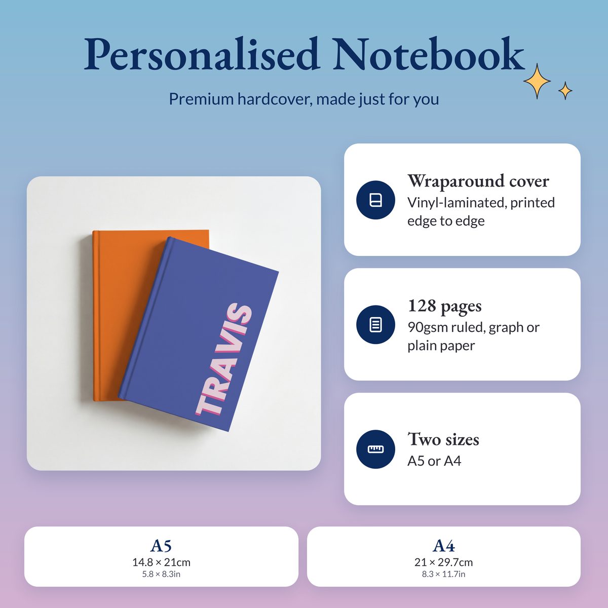 Personalised bold block name notebooks with a wraparound hardcover, 128 pages of 90gsm paper, in A5 or A4