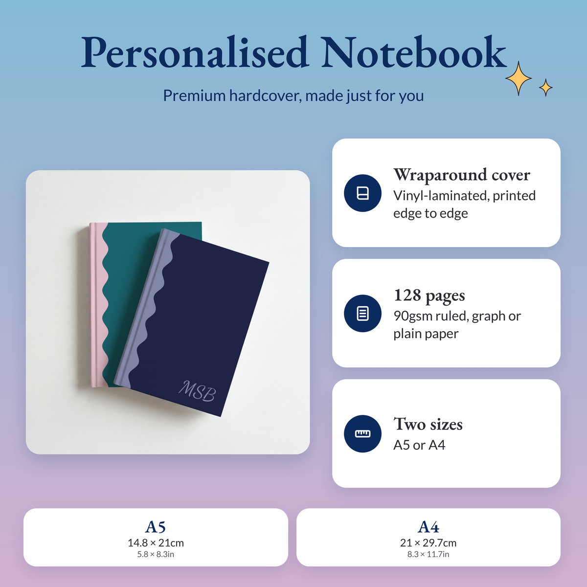 Personalised scalloped monogram notebooks with a wraparound hardcover, 128 pages of 90gsm paper, in A5 or A4