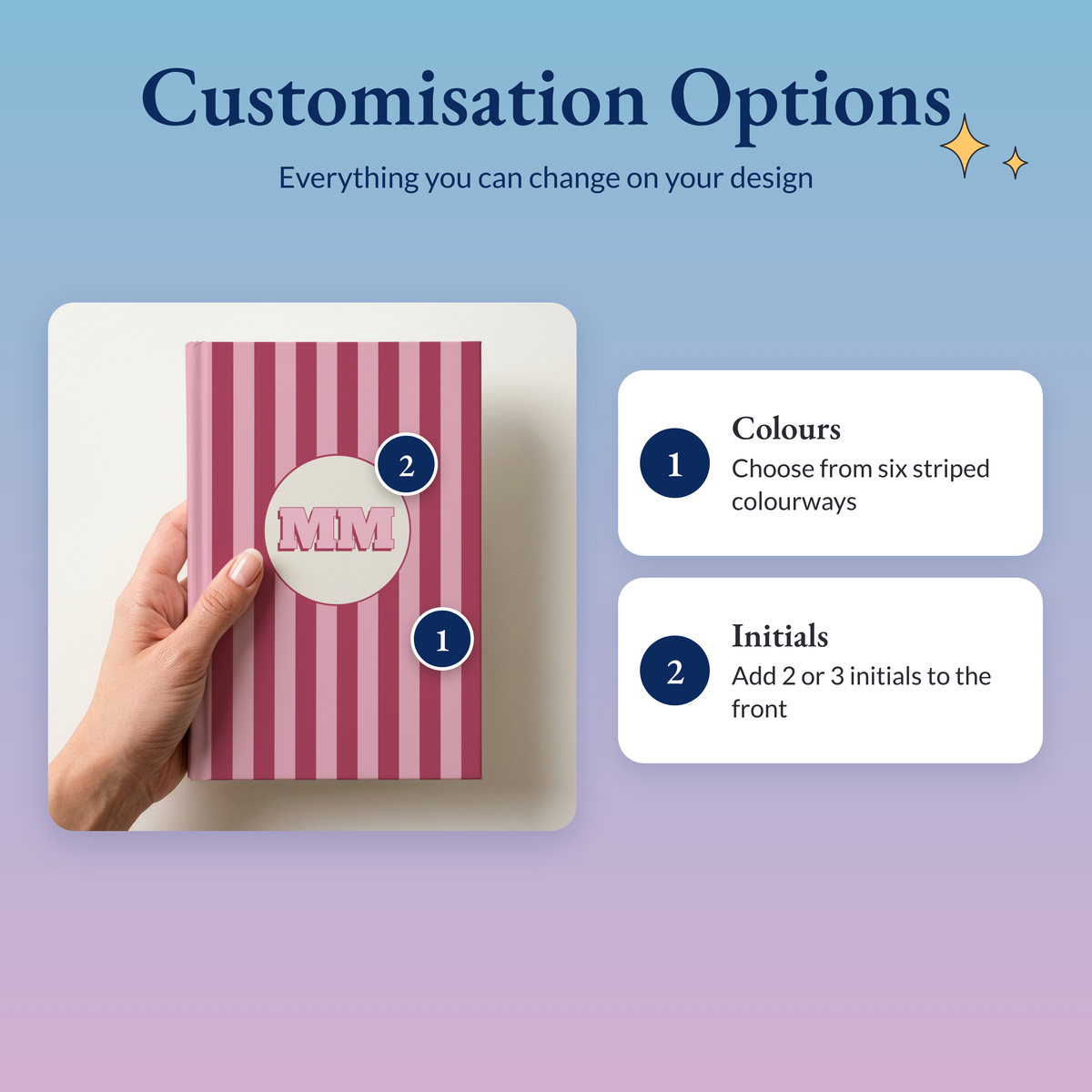 Pink striped monogram notebook showing the two options: choice of six colourways and 2 or 3 initials
