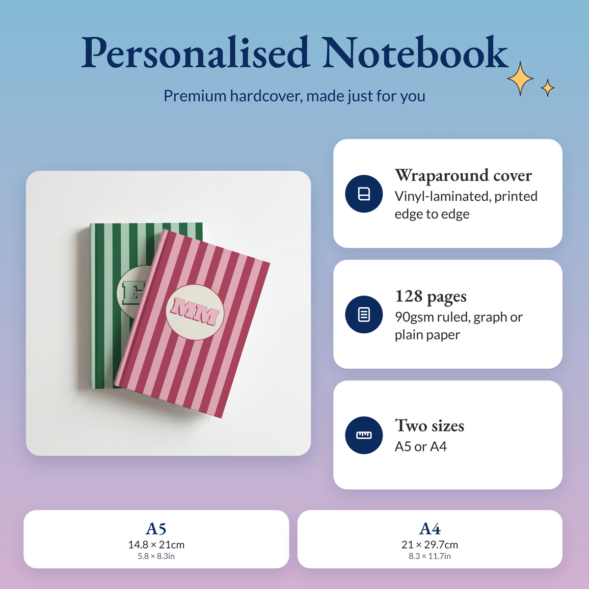 Personalised striped notebooks with a wraparound hardcover, 128 pages of 90gsm paper, in A5 or A4
