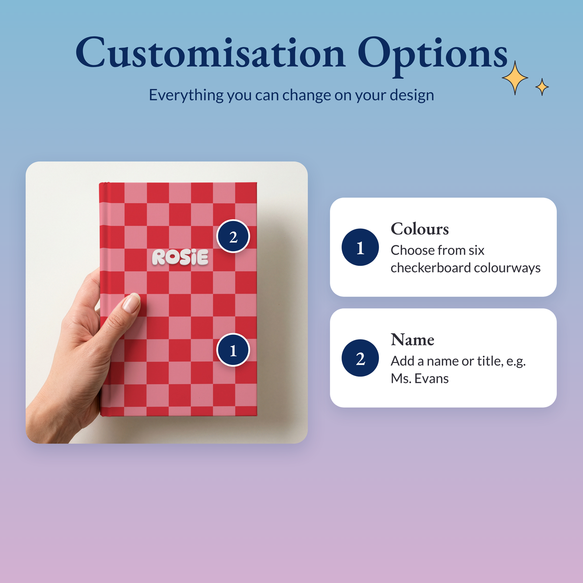 Red and pink checkerboard notebook showing the two options: six colourways and a name or title such as Ms. Evans