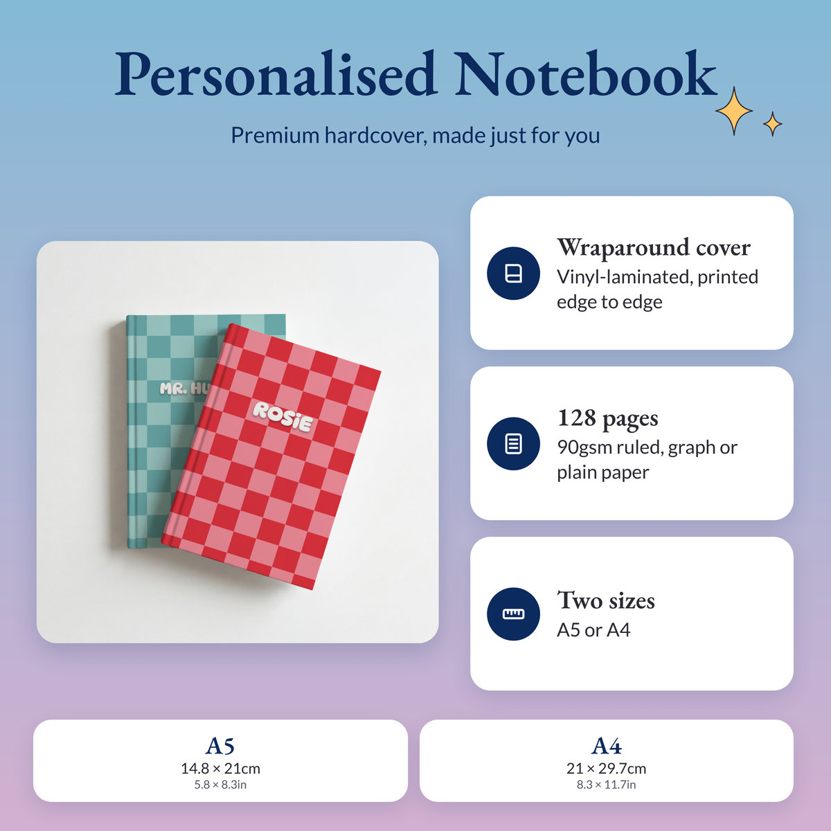 Personalised checkerboard notebooks with a wraparound hardcover, 128 pages of 90gsm paper, in A5 or A4