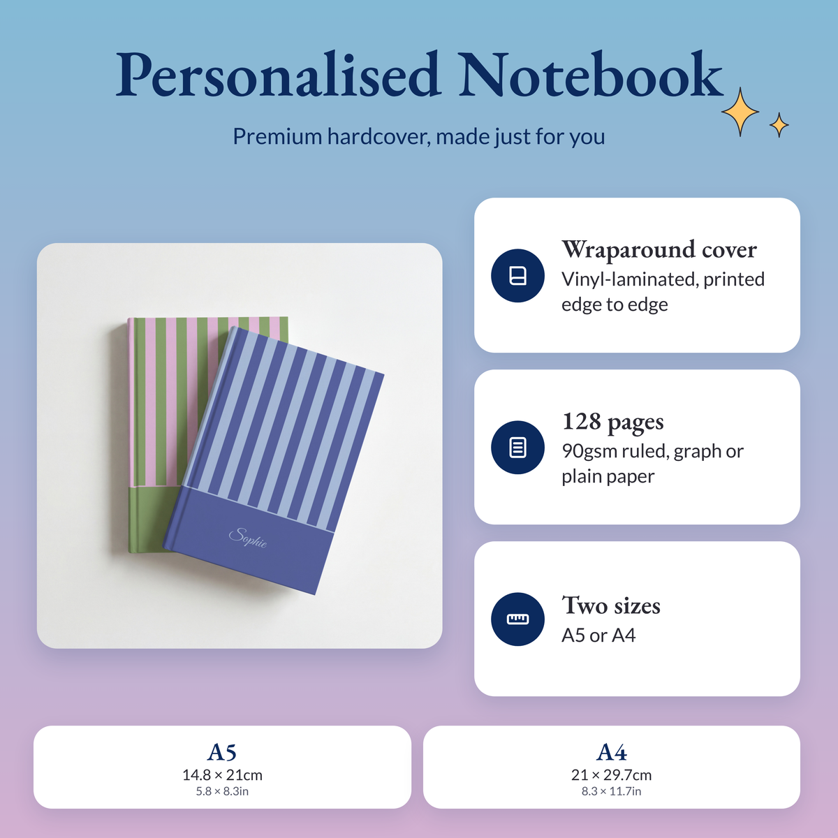 Personalised striped notebooks with a wraparound hardcover, 128 pages of 90gsm paper, in A5 or A4