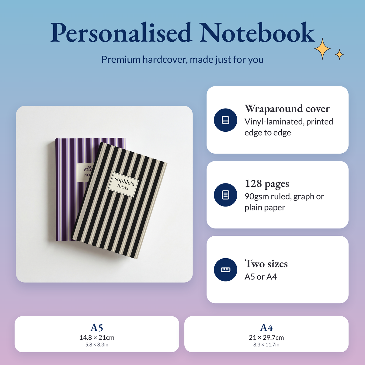 Personalised striped notebooks with a wraparound hardcover, 128 pages of 90gsm paper, in A5 or A4