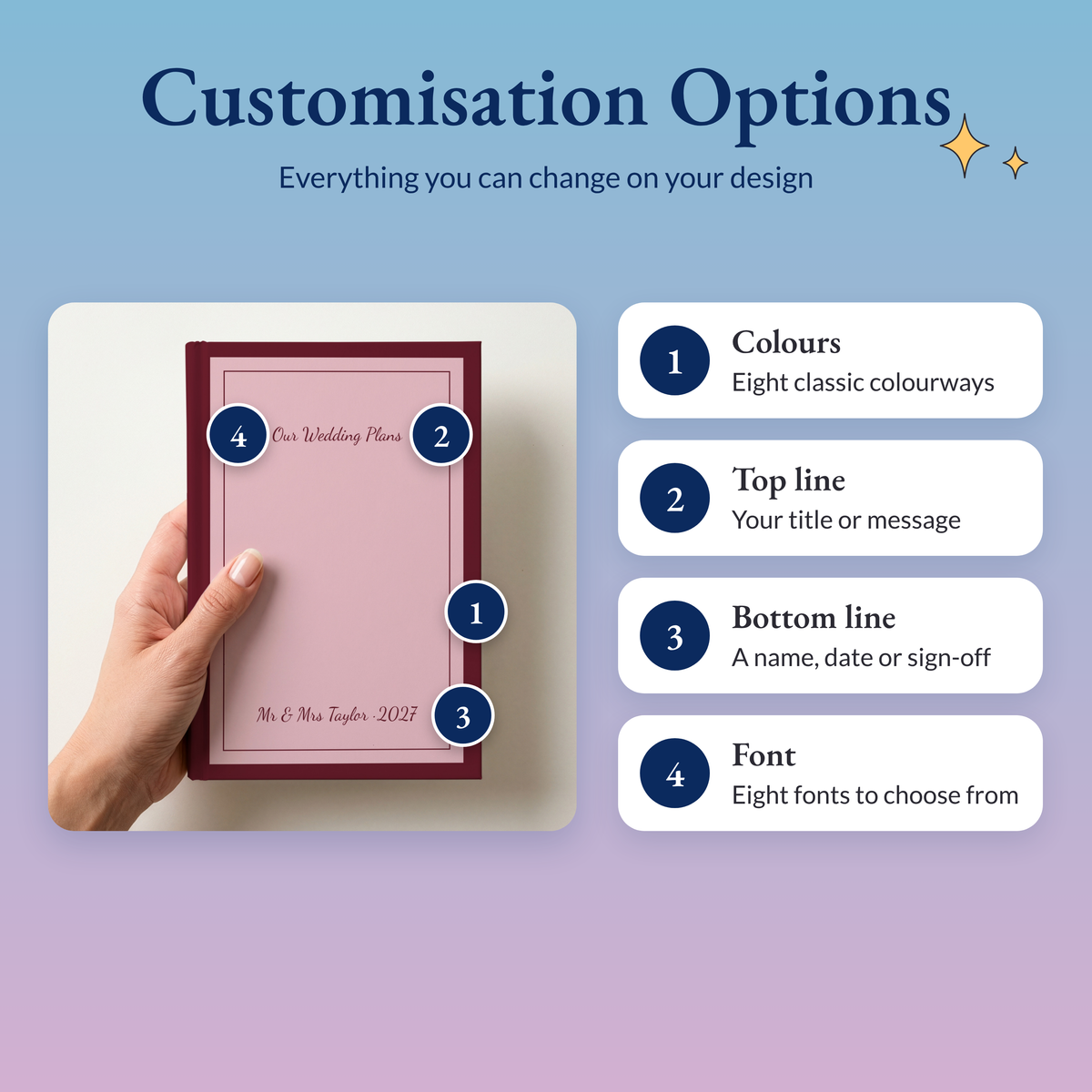 Pink and burgundy notebook showing the four options: eight colourways, top line, bottom line and a choice of eight fonts