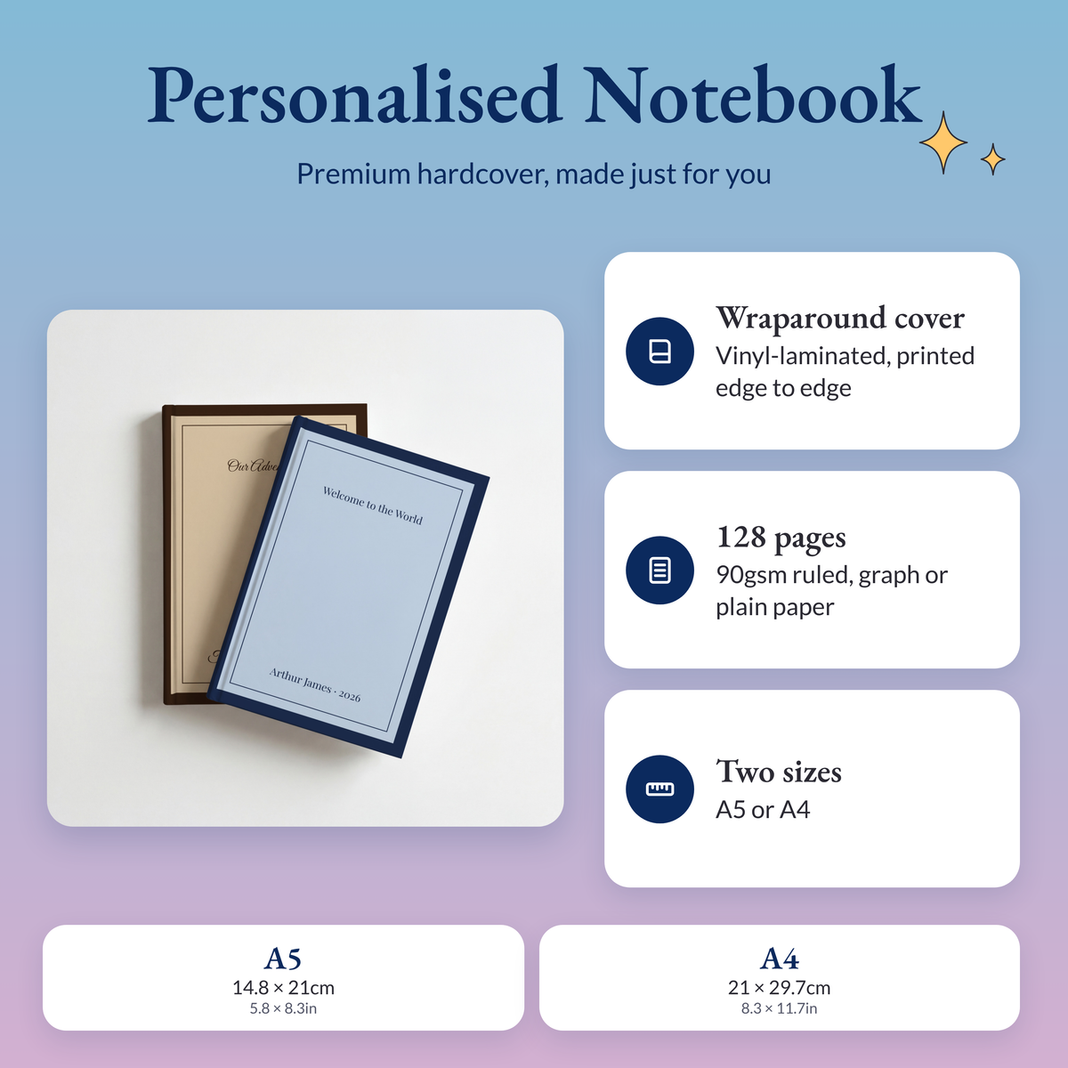 Personalised classic border notebooks with a wraparound hardcover, 128 pages of 90gsm paper, in A5 or A4