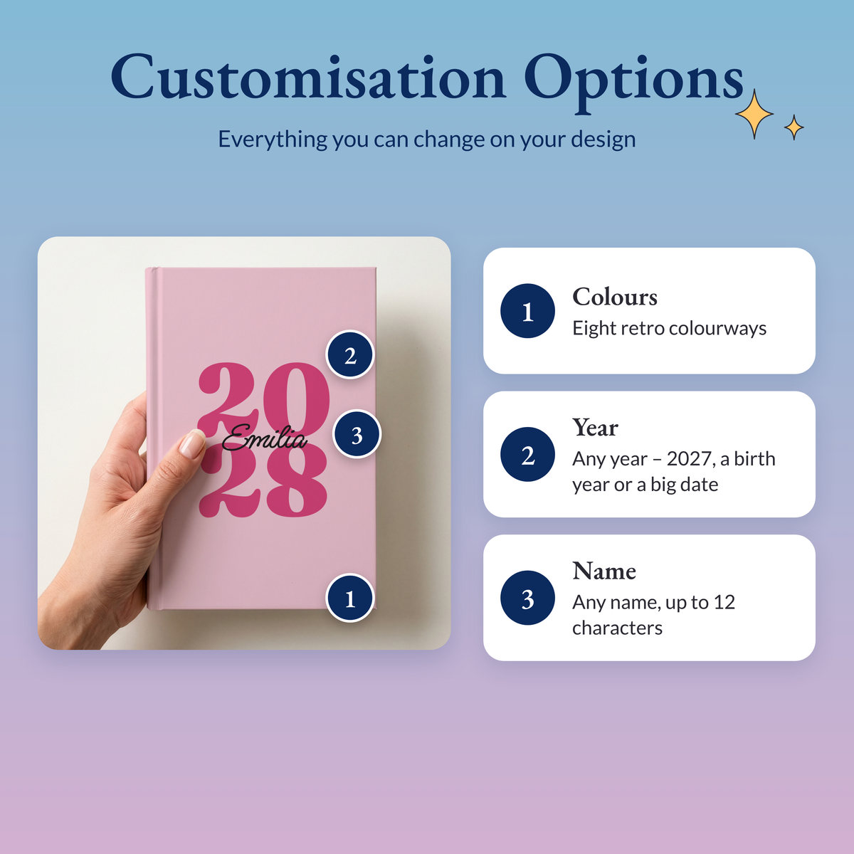Pink journal showing the three options: eight colourways, any year and any name