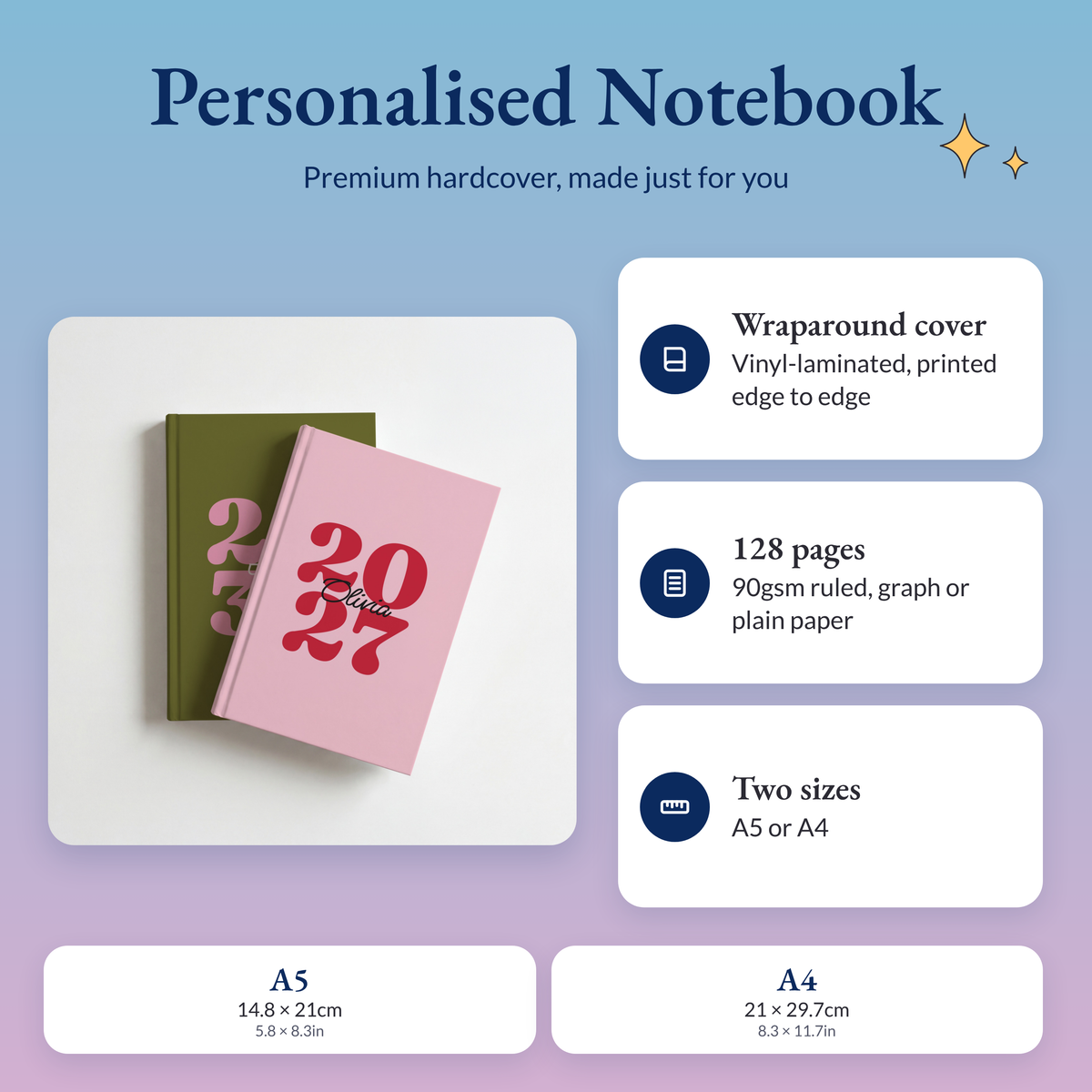 Personalised retro year journals with a wraparound hardcover, 128 pages of 90gsm paper, in A5 or A4