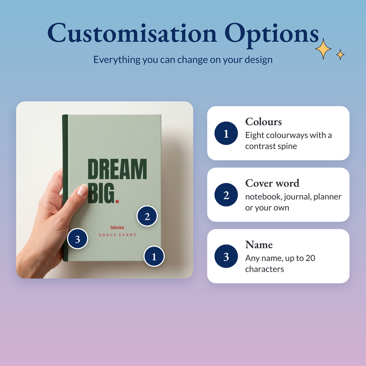 Notebook showing the three options: eight colourways, the cover word and the name