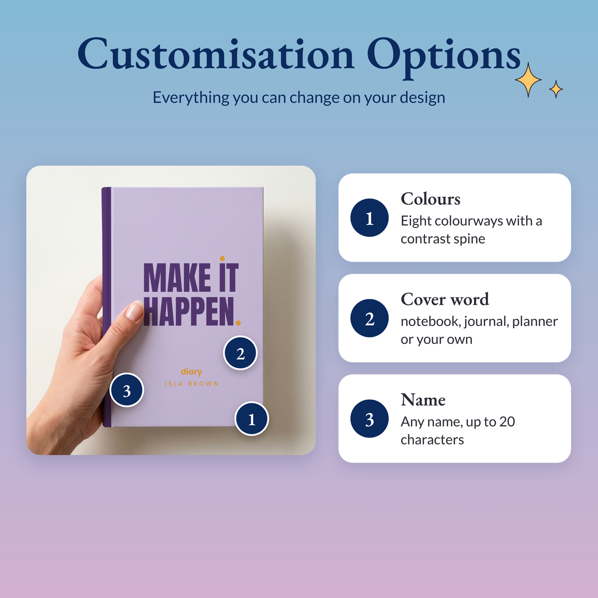 Notebook showing the three options: eight colourways, the cover word and the name