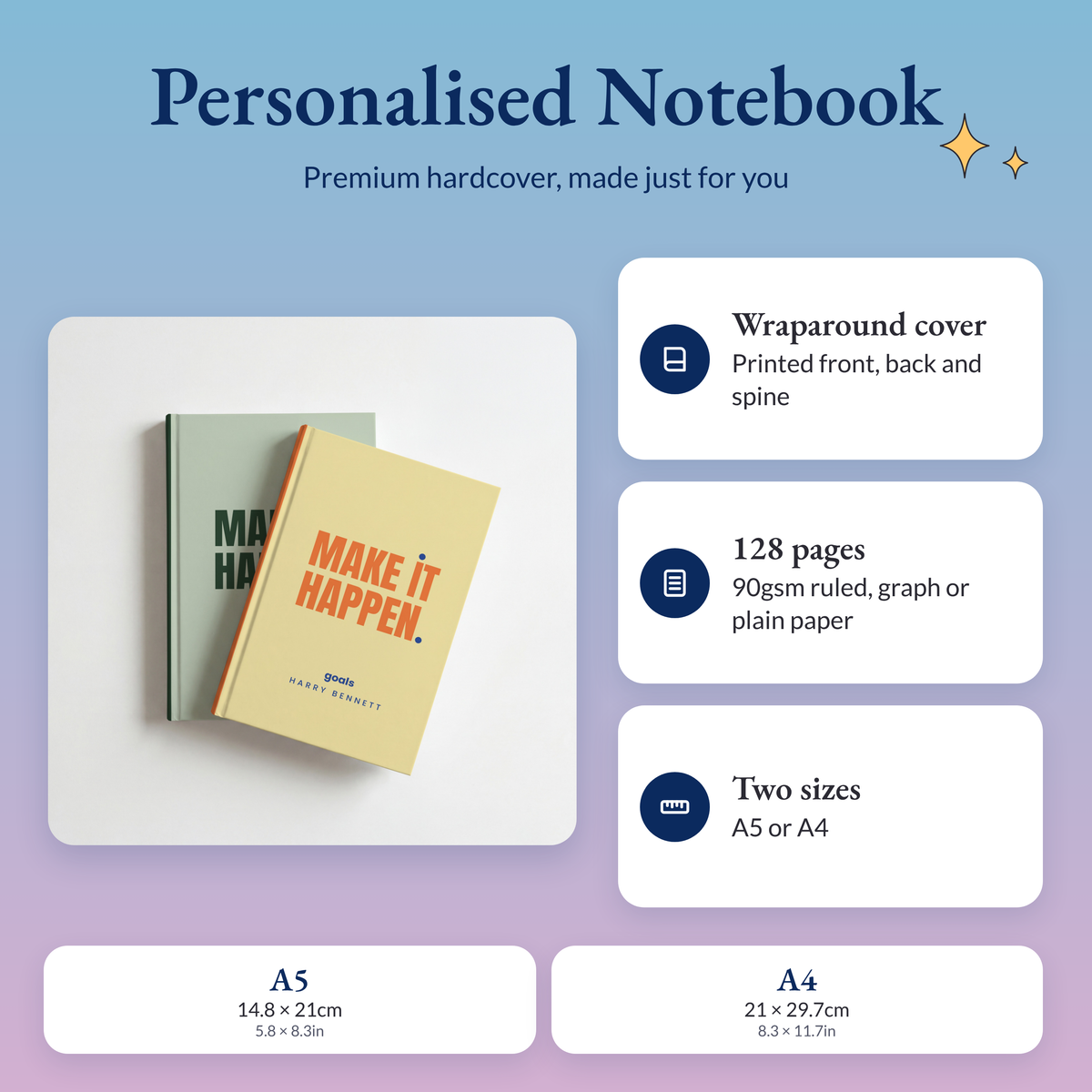 Personalised notebooks with a wraparound hardcover printed front, back and spine, 128 pages of 90gsm paper, in A5 or A4