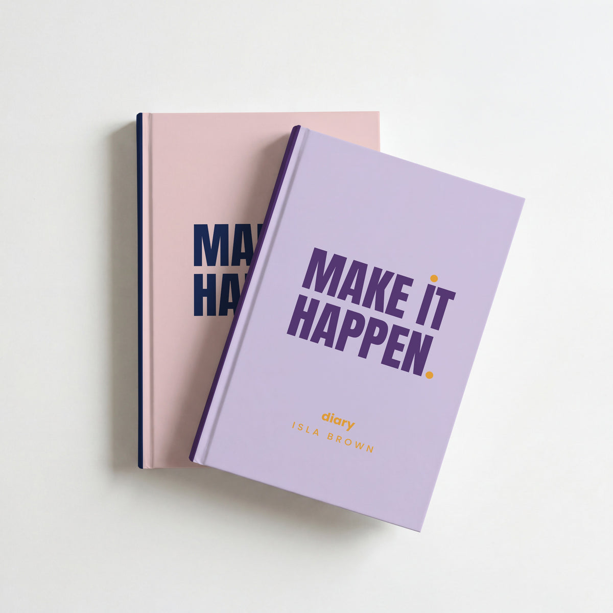 Two personalised 'MAKE IT HAPPEN.' notebooks in contrasting colourways