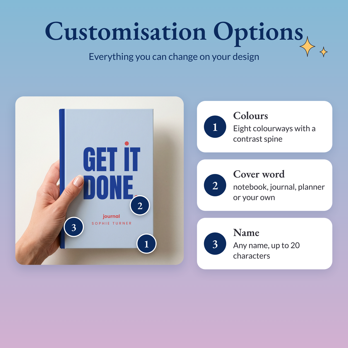 Notebook showing the three options: eight colourways, the cover word and the name