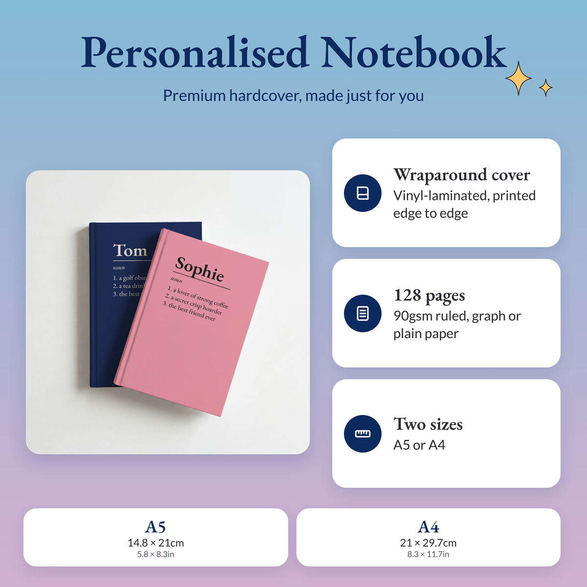Personalised name definition notebooks with a wraparound hardcover, 128 pages of 90gsm paper, in A5 or A4