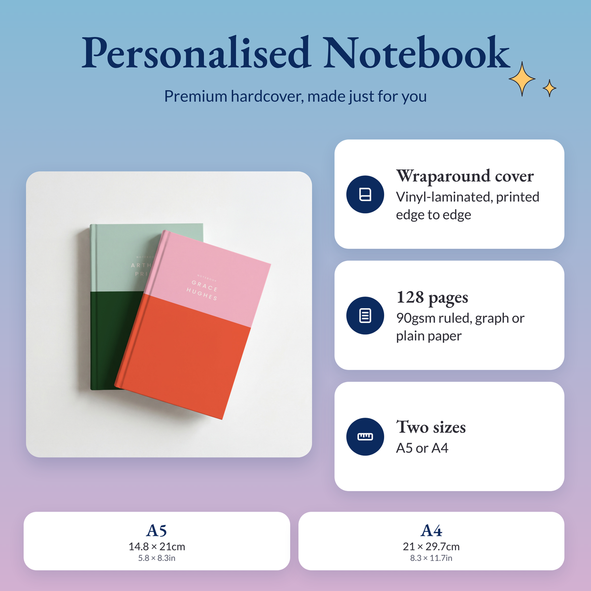 Personalised colour block notebooks with a wraparound hardcover, 128 pages of 90gsm paper, in A5 or A4