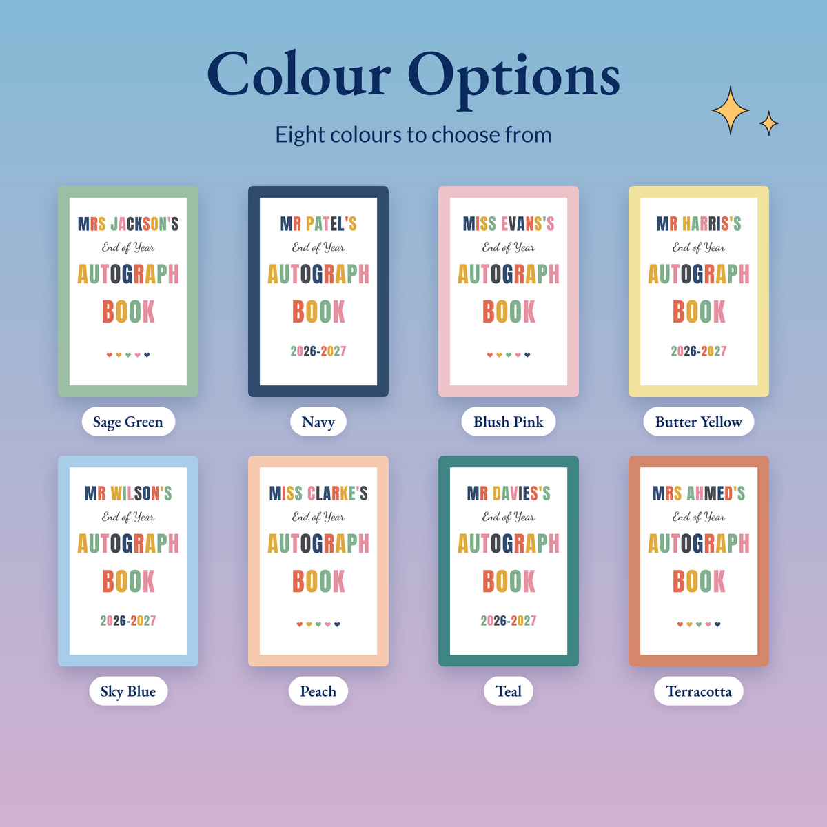 The teacher autograph book in eight colours: sage green, navy, blush pink, butter yellow, sky blue, peach, teal and terracotta