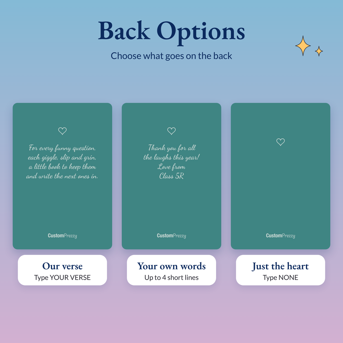 Three backs for the teal Funny Things journal: our verse, your own message, or just the little heart, each with the Custom Prezzy wordmark