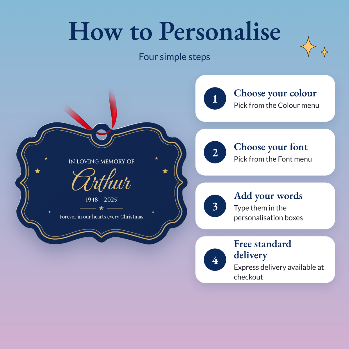 How to personalise in four steps: choose your colour, choose your font, add your words in the personalisation boxes, free standard delivery