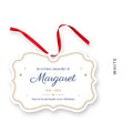 Memorial Christmas ornament in white with navy and gold, for Margaret in Parisienne, 1931 – 2024, with the colour name White