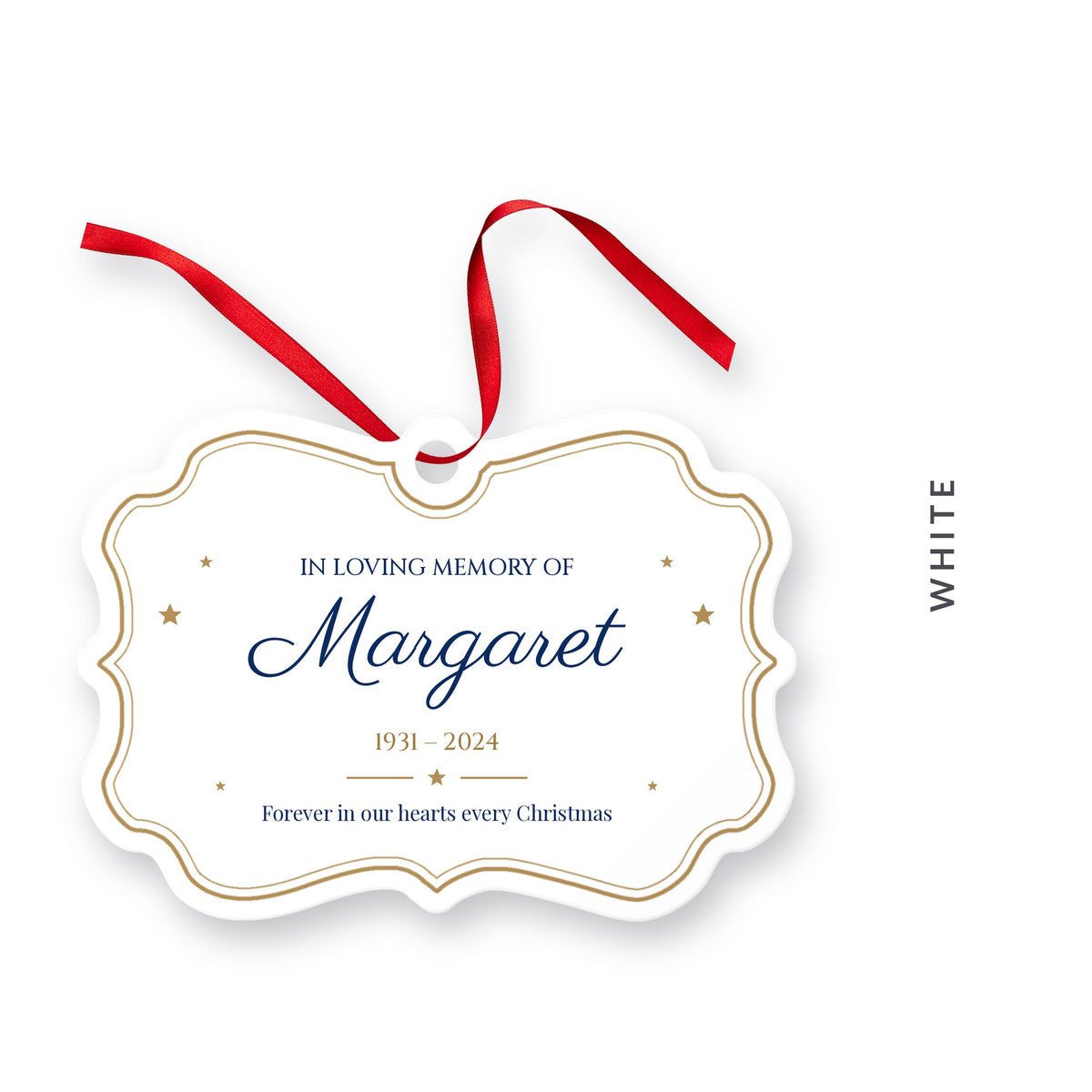 Memorial Christmas ornament in white with navy and gold, for Margaret in Parisienne, 1931 – 2024, with the colour name White