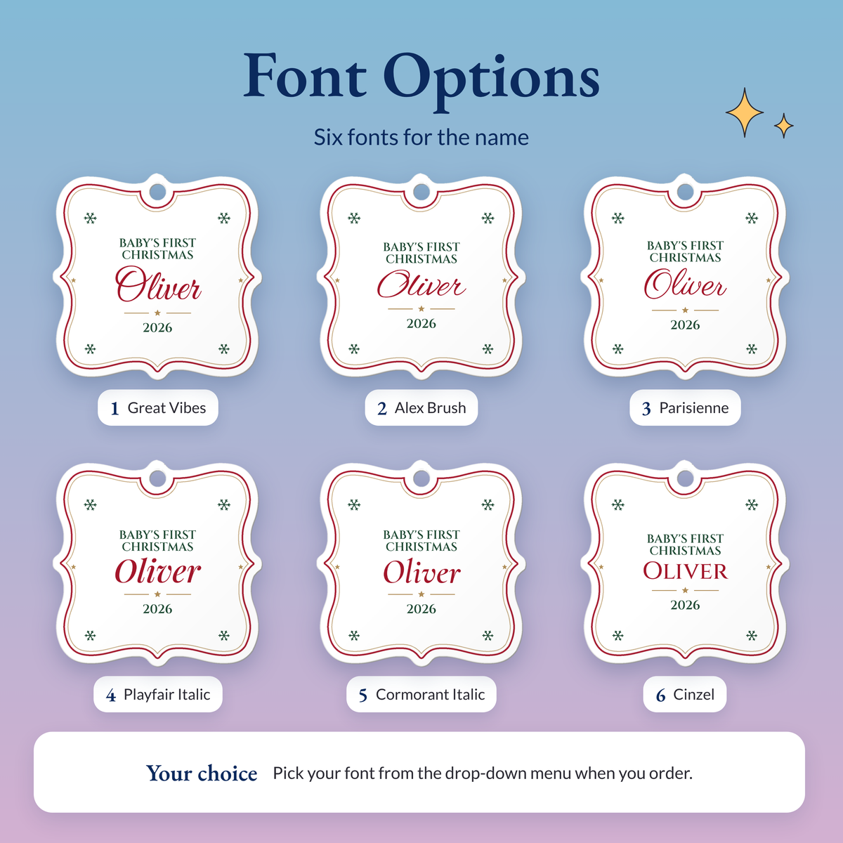 The Baby's First Christmas ornament with the name Oliver in six fonts: Great Vibes, Alex Brush, Parisienne, Playfair Italic, Cormorant Italic and Cinzel