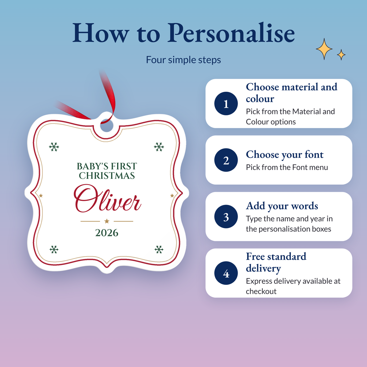 How to personalise in four steps: choose material and colour, choose your font, add the name and year, free standard delivery