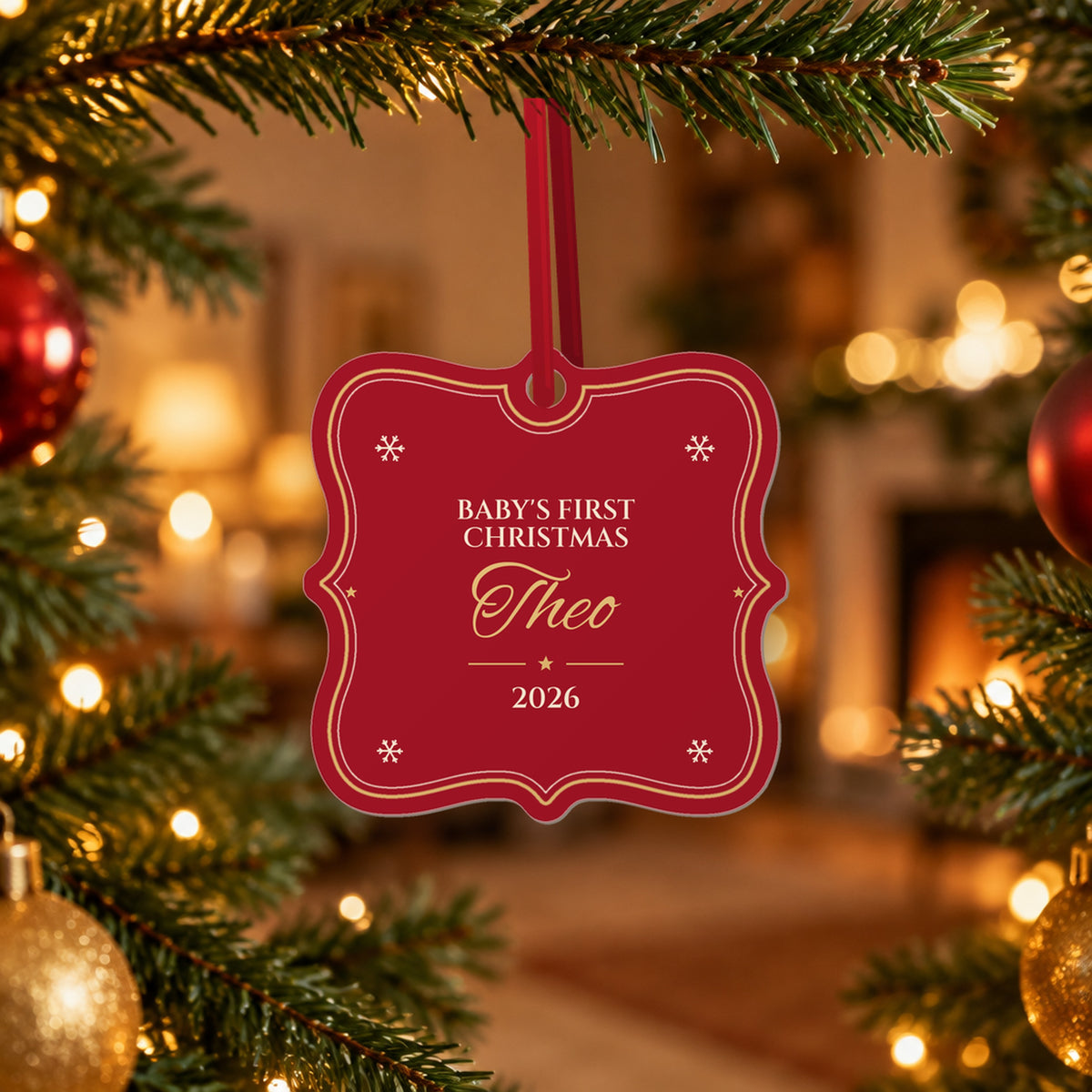 Christmas red aluminium Baby's First Christmas ornament for Theo, 2026, hanging on a Christmas tree in front of a cosy fireplace