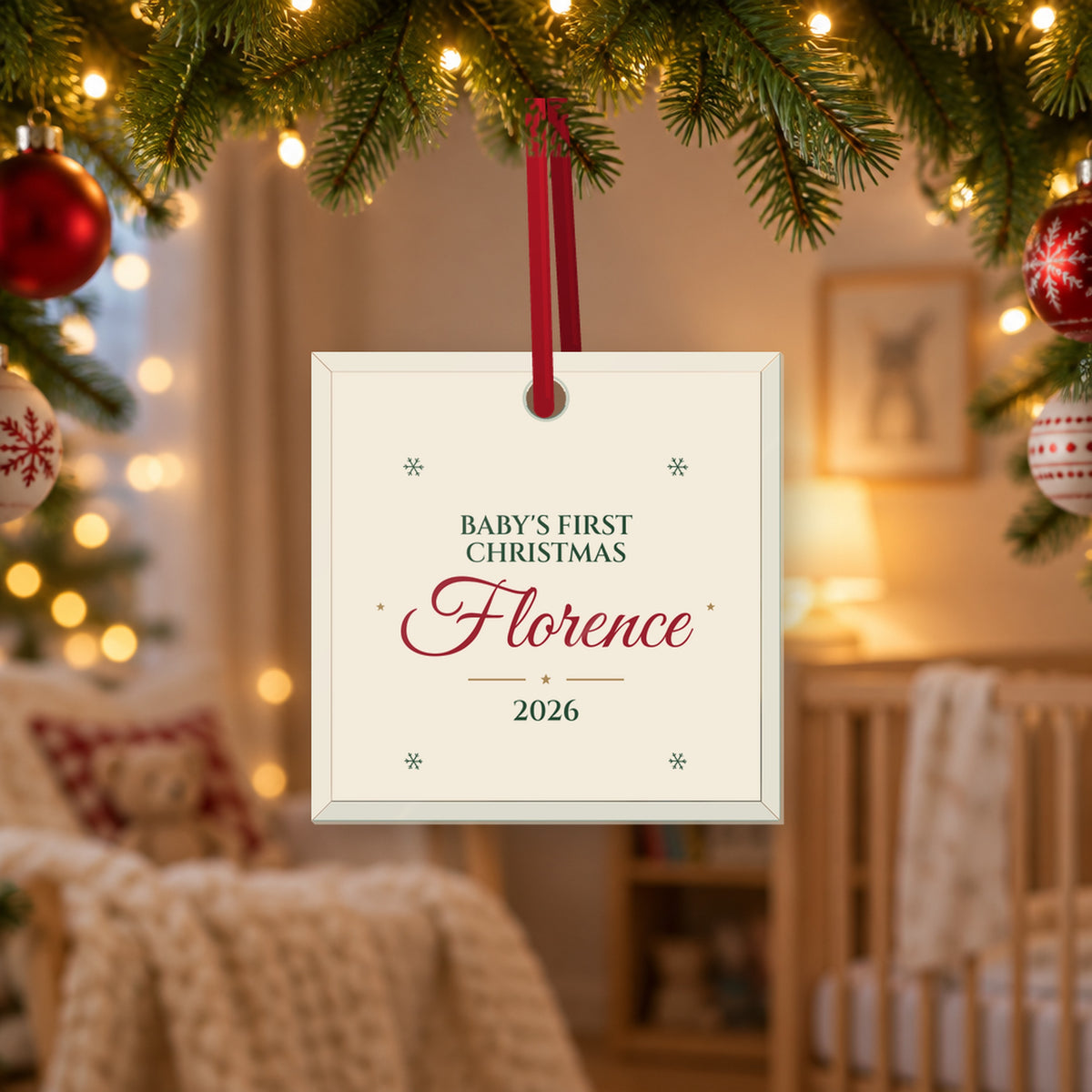 White glass Baby's First Christmas ornament for Florence, 2026, hanging on a Christmas tree in a cosy nursery