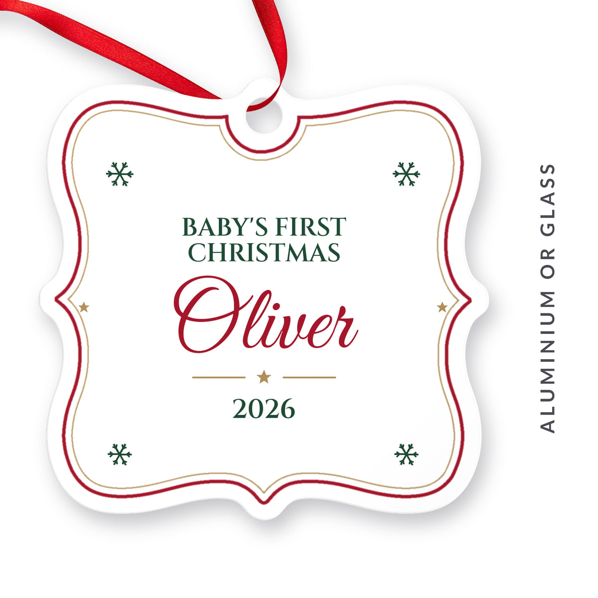 Personalised Baby's First Christmas ornament for Oliver, 2026: a white scalloped aluminium ornament with a red and gold border and a red ribbon, available in aluminium or glass