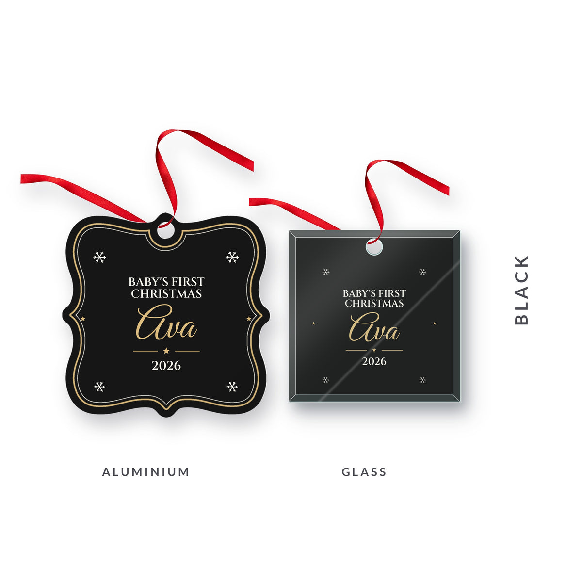 Baby's First Christmas ornament in black for Ava, 2026, in Great Vibes, shown in aluminium and glass, with the colour name Black
