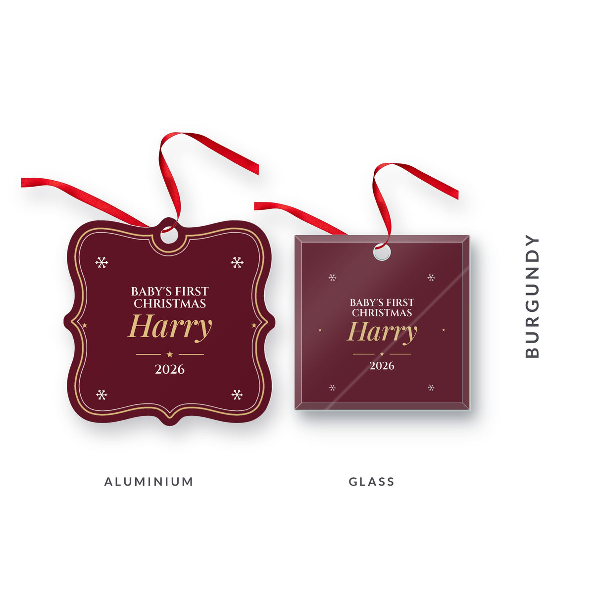 Baby's First Christmas ornament in burgundy for Harry, 2026, in Playfair Italic, shown in aluminium and glass, with the colour name Burgundy