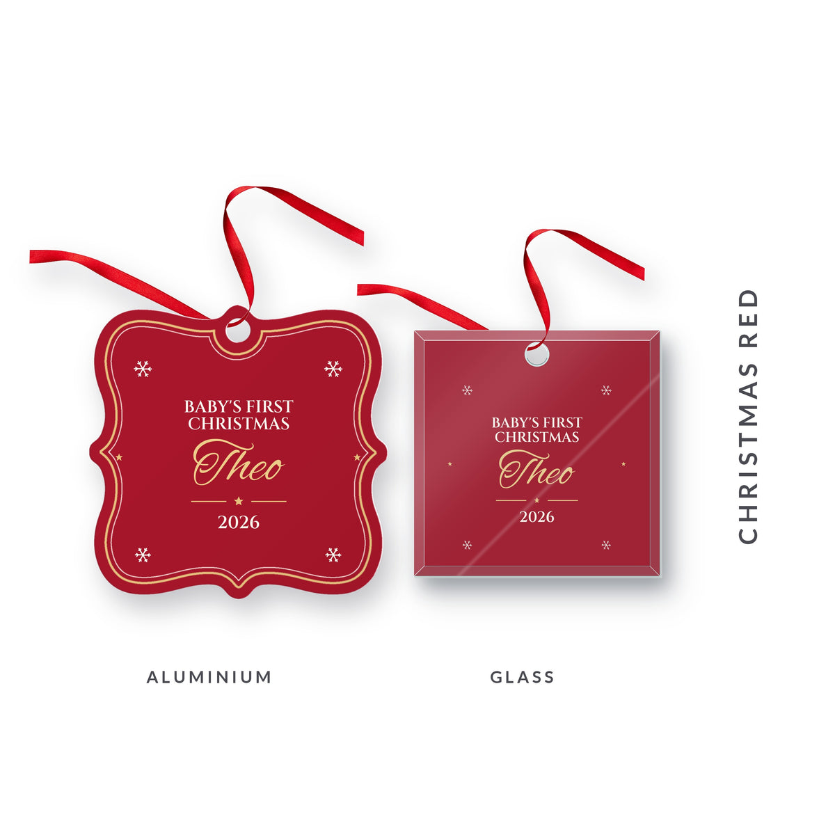 Baby's First Christmas ornament in Christmas red for Theo, 2026, in Alex Brush, shown in aluminium and glass, with the colour name Christmas Red