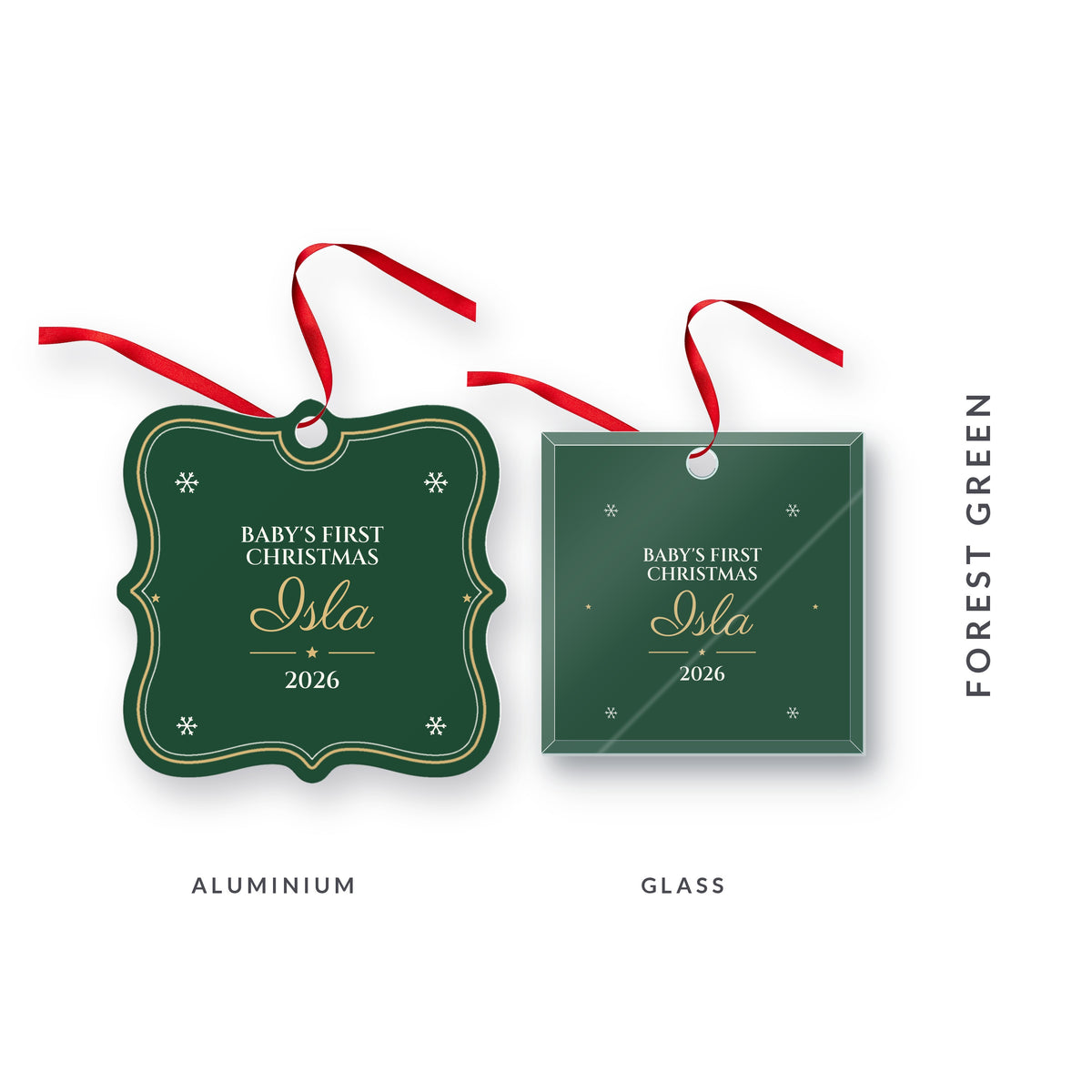 Baby's First Christmas ornament in forest green for Isla, 2026, in Parisienne, shown in aluminium and glass, with the colour name Forest Green