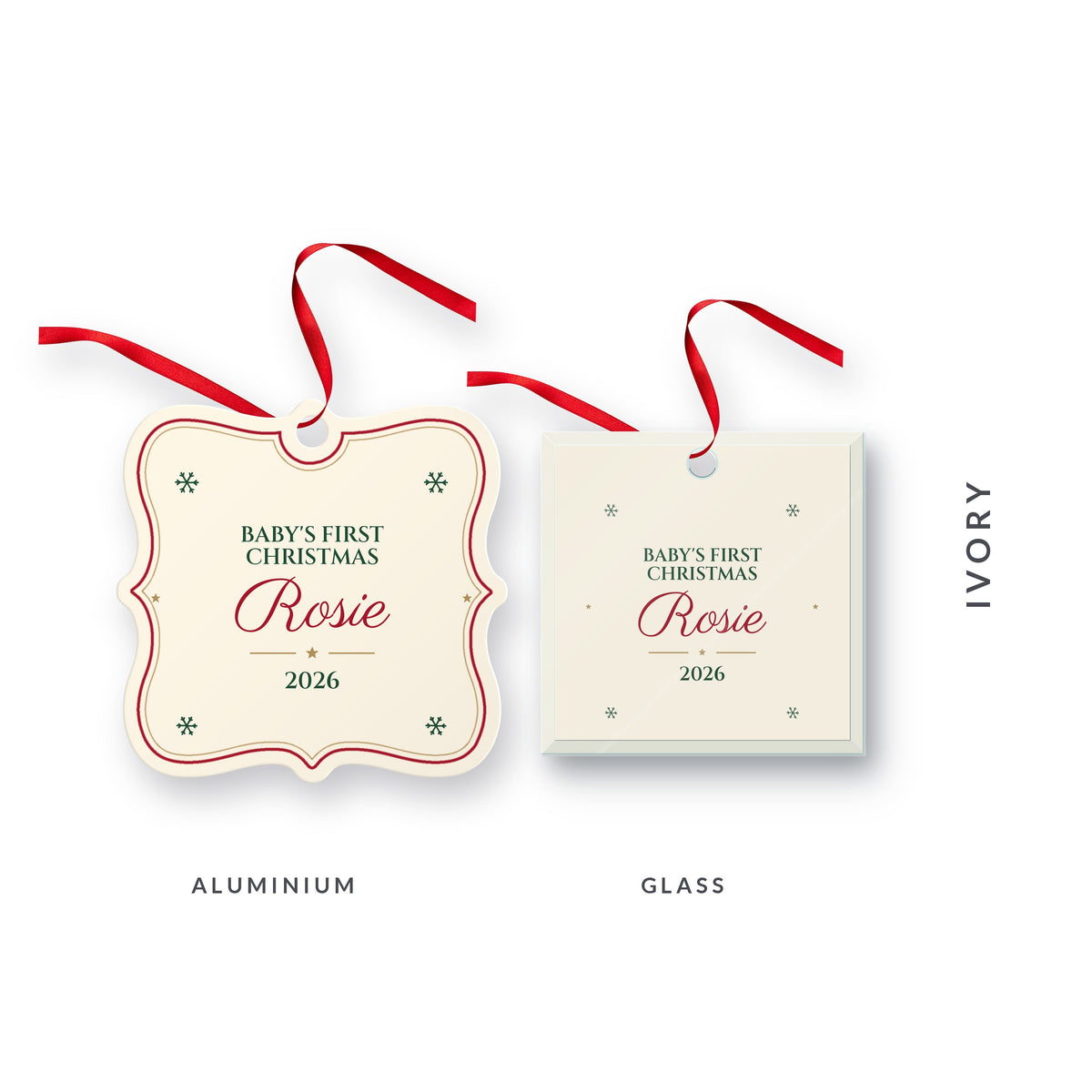 Baby's First Christmas ornament in ivory for Rosie, 2026, in Parisienne, shown in aluminium and glass, with the colour name Ivory